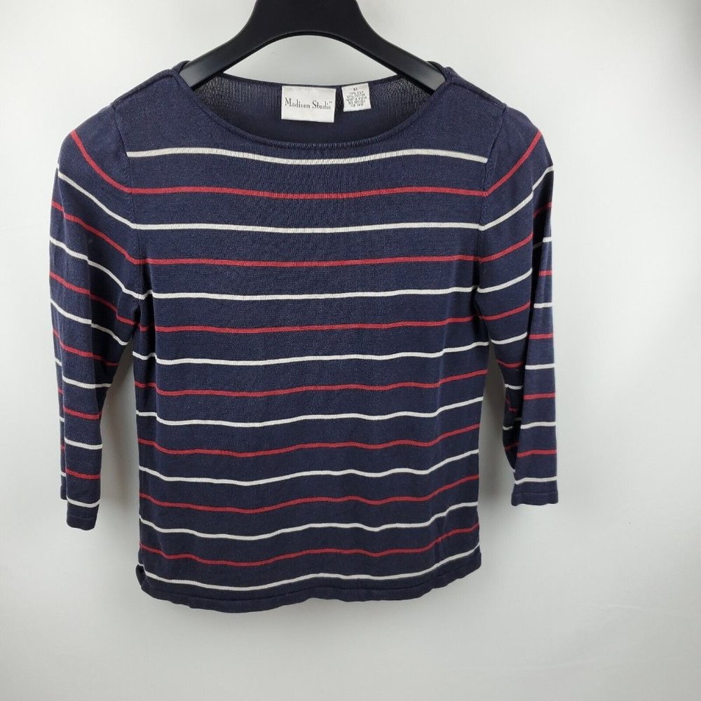 Madison Studio 3/4 Sleeve Pullover Round Neck Sweater Womens Medium Blue Red
